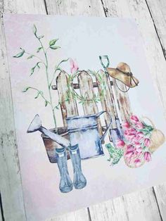 a painting of flowers and gardening equipment on a wooden table with a fence in the background