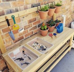 a wooden table topped with potted plants next to a wall mounted garden tool holder