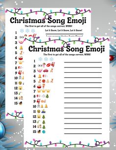 christmas song emoji printable worksheet with ornaments and lights on it