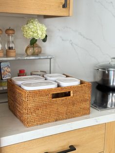 the kitchen counter is clean and ready to be used as storage for some food items