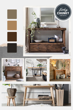 On the top right corner, there is a circular logo with the text "Funky Chunky" and "Furniture Co." written inside it. The main image on the page is of a wooden sideboard with a vase, a bowl, and some other decorative items on top of it. Below this image, there are smaller images of what appears to be more furniture and home decor items. On the left side of the screen, there are four color swatches in different shades of brown and black. Console Table Uk, Industrial Wall Shelves, Console Table Styling, Hallway Inspiration, Shabby Chic Antiques, Console Table Design, Wooden Console, Unique Farmhouse