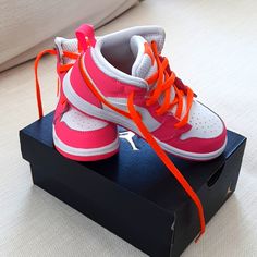 Brand New - Nike Orange And Pink High Tops Too Small On My Daughter Pink Sneakers With Soft Sole And Round Toe, Playful Sneakers With Soft Sole, Casual Pink Sneakers With Soft Sole, Pink Sneakers With Soft Sole For Sports, Pink Sneakers With Soft Round Toe, Pink Sneakers With Elastic Laces And Round Toe, Cute Nike High-top Sneakers, Pink Soft Sole Sneakers For Sports, Pink Sports Sneakers With Soft Sole