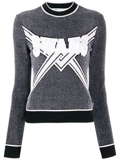 Grey, black and white knitted logo top from Off-White featuring a ribbed crew neck, long sleeves, a ribbed hem and cuffs, a straight hem and an intarsia knit. Off White Brand, White Knit Top, Slim Fit Sweater, Logo Knit, White Crew Neck, Embroidered Sweater, White Brand, White Sweaters, Light Weight Sweater