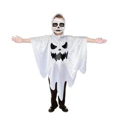 a man wearing a ghost costume with his hands out