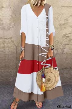 Olivia Mark - Elegant White Patchwork V Neck Long Dress for Casual Occasions White Patchwork Shift Dress, White Shift Dress With Patchwork, White Splicing Dress For Fall, White Spliced Dress For Fall, White Color Block Dresses For Fall, White Color Block Dress For Fall, Boho Maxi Dress Casual, Moda Casual Chic, Dirndl Outfit