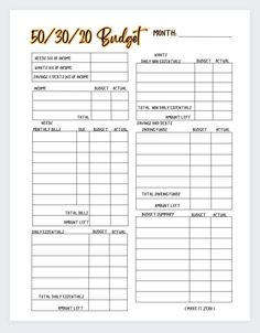 a printable budget sheet with the words, $ 50 00 to $ 20 00