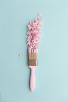 a pink brush with flowers on it against a blue background by jodi lenski for stocksy photography