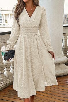 Long sleeve midi dress Made In : China Long Sleeve Neutral Dress, Velvet Shirt Dress, Clothing Themes, Ruffle Tiered Dress, Womens Fashion Jeans, Elegant Moments, Dress Cream, Casual Weekend, Leather Denim