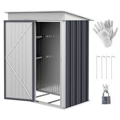 an outdoor storage shed with the door open and gloves next to it