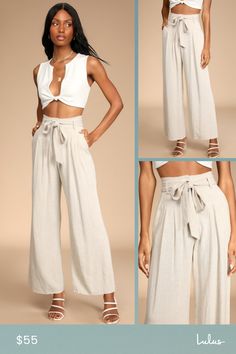 Look like a page out of style section in the Lulus Trend Alert Beige Belted High-Waisted Wide-Leg Pants! Linen-blend woven fabric shapes these breezy pants that have a high-waisted fit with belt loops and a sash belt. The wide legs have tailored pleating, side pockets, and end at ankle-length hems. Top button and hidden zipper fly. Fit: This garment fits true to size. Length: Ankle length. Size medium Inseam: 28.25 Front Rise: 12.50 Waist: Fitted - very fitted at natural waist. Hip: Loosely Fitt Beige Pants Outfit, High Waisted Linen Pants, High Waisted Wide Leg Pants, Pants Linen, Beige Pants, Professional Style, Sash Belt, Professional Fashion, Classy And Fabulous