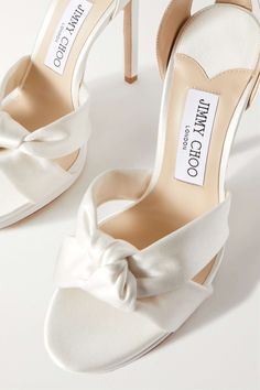 JIMMY CHOO Rosie 120 satin sandals | NET-A-PORTER Bridal Heels Sandals, Wedding Shoes With Platform, Custom Wedding Heels, Outfit With White Sandals, Wedding Shoes After Party, Wedding Shoes Bride Heels Open Toe, Timeless Wedding Shoes, Satin Bridal Shoes, Wedding Day Heels