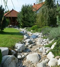 a garden with rocks and plants in the foreground, along with a house on the other side