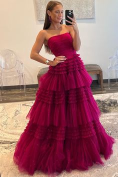 Red Pink Prom Dress, Prom Dresses Fluffy, Layered Tulle Prom Dress, Fuchsia Prom Dress, Tiered Prom Dress, Tulle Long Prom Dress, Gown Prom Dresses, Prom Dress Inspo, Off Shoulder Evening Dress