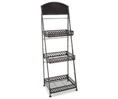 three tiered metal shelf with wheels and shelves on each side, in black finish