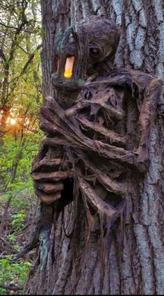 a tree with a skeleton carved into it's trunk and lantern in its mouth