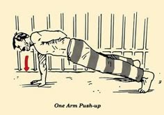 a cartoon drawing of a man doing push - up on his stomach, with the caption one arm push - up