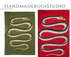 two different types of rugs with snakes on the side and one is red, green,