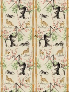 an animal themed wallpaper with bamboo leaves and flowers on it's side,