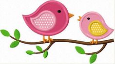 two pink birds sitting on a branch with green leaves and one yellow bird is facing each other