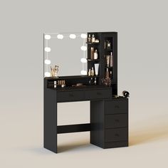 Black Vanity With Mirror And Lights, Vanity With Mirror, 3 Drawer Bedside Table, Color Lighting, Makeup Table, Warm Yellow, Large Mirror, Desk Set, Vanity Table