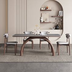 a dining table with four chairs around it and a shelf on the wall behind it