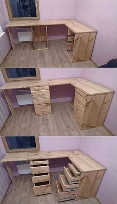 three pictures of the same desk made out of pallet wood, with different angles and sizes