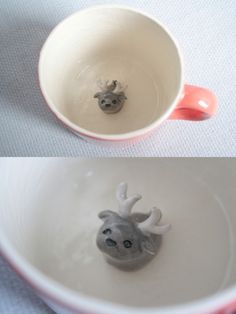 two pictures of a cup with a small animal in it's center, and another photo of the same cup