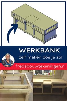 the instructions for building a workbench are shown in two different pictures, one is blue