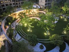 an aerial view of a park at night