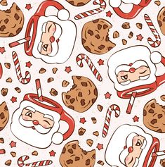 an image of santa claus cookies and candy canes on a white background seamless