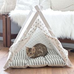 a cat sitting in a teepee bed on the floor