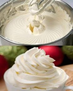 whipped cream being made in a bowl with a whisk on top and an image of