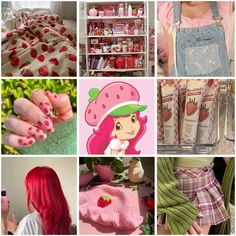 the collage shows many different pictures with strawberrys on them, including pink and green