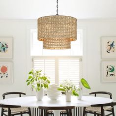 a dining room table and chairs with plants on the table in front of them under a chandelier