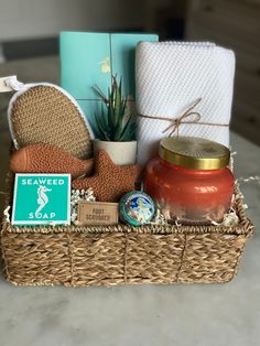 a basket filled with items sitting on top of a table