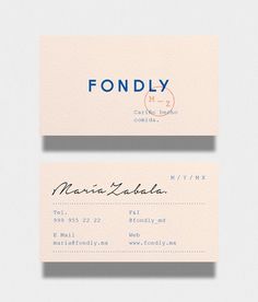 two business cards with the word fondly on them, both in blue and white