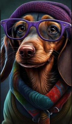 a dachshund dog wearing glasses and a purple hat with a scarf around it's neck