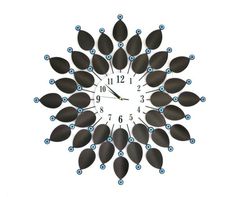 a clock with numbers and leaves on the face is shown in blue circles around it