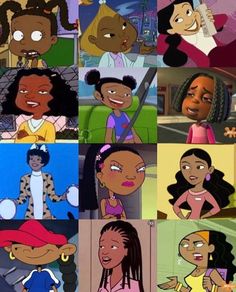 cartoon characters with different facial expressions and hair styles, including black women in various colors