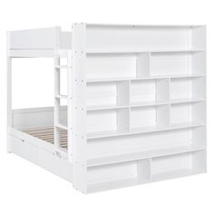 a white bunk bed with lots of shelves on the bottom and bottom shelf above it