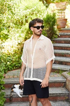 Product Details; -Transparent Crochet Shirt, -This Oversize Crochet Shirt is perfect for hot summer days. Available sizes  S-M-L .Model is wearing S size. -Free Shipping to Worldwide ✈️ -İt is completely hand knitted  -İt is knitted high quality cotton yarn 🧶 -Some of our products are ready to ship and ship within 1-2 days. Some are made to order and will be ready to ship in 1-2 weeks at the latest. -You can customize pattern,color and size of our  all products as you wish. Please contact us vi Crochet Male Shirt, Summer Crochet Men, Cotton Half Sleeve Shirt For Beach, White Half Sleeve Shirt For Summer, White Half Sleeve Summer Shirt, Summer Beach Tops With Half Sleeves, Summer Beach Top With Half Sleeves, Bohemian Half Sleeve Summer Tops, Half Sleeve Beach Top For Summer