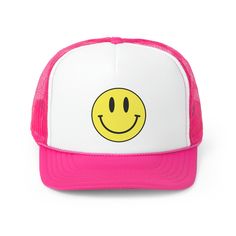 These smiley face trucker caps are perfect for summer trips, parties and gifts. A 100% polyester front and 100% nylon mesh weave back make these hats durable through regular wear and tear. They come in one size with an adjustable plastic snap closure: 22.8" (58cm). The cap's front has six rows of visor stitching and the design is printed on the cap. .: Material: 100% polyester foam front with 100% nylon mesh weave back .: One size fits most (22.8"/58cm) .: Two colors to pick from (green and pink) .: Adjustable plastic snap closure .: Six row stitching on visor Cheap Pink Trucker Hat For Outdoor, Fun Mesh Trucker Hat Baseball Cap, Trendy Pink Mesh Trucker Hat, Pink Fun Style Trucker Hat With Flat Bill, Fun Pink Trucker Hat With Flat Bill, Pink Fun Trucker Hat With Flat Bill, Pink Fun Flat Bill Trucker Hat, Summer Smiley Face Baseball Cap, Summer Baseball Cap With Smiley Face