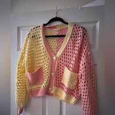 Never Worn Kidcore Crochet Sweater, Yellow Crochet Sweater, Pink And Yellow Crochet, Multi Color Yarn, Yellow Crochet, Mesh Sweater, Yellow Cardigan, Yellow Sweater, Pink And Yellow