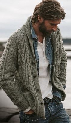 Gray Shawl, White Henley, Jeans Cardigan, Herren Style, Lauren Gray, Men Fashion Casual Outfits, 가을 패션