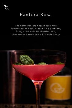 The name Pantera Rosa means Pink Panther but in cocktail terms it's a vibrant, fruity drink with Raspberries, Gin, Limoncello, Lemon Juice & Simple Syrup Cocktail Trends, Fruity Drinks, Rum Drinks, Fancy Drinks