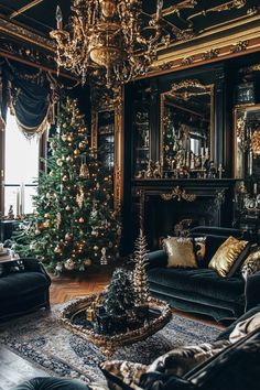 a living room filled with furniture and a christmas tree