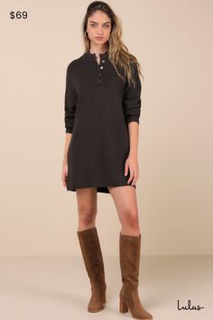 There's nothing we love more that a simple and snuggly look like the Lulus Coveted Coziness Olive Long Sleeve Henley Sweater Mini Dress! Medium-gauge knit shapes this easy-wearing sweater dress that has long sleeves (with drop shoulders) and a crew neckline, with a partial button placket for a Henley-like effect. Relaxed silhouette continues down to a mini hem. Fit: This garment fits true to size. Length: Mid-calf length. Size medium measures 30.5" from shoulder to hem. Bust: Great for any cup size. Waist: Not Fitted - comfortable room throughout midsection. Hip: Not Fitted - room for hips. Undergarments: May be worn with any standard bra. Fabric: Fabric is very stretchy. Unlined. Shell: 50% Viscose, 28% Nylon, 22% Polyester. Contrast: b50% Viscose,28% Nylon, 22% Polyester. Hang Wash Cold. Sweater Mini Dress, Henley Sweater, Comfortable Room, Love More, Mini Sweater Dress, Dress Medium, Cup Size, Button Placket, Mid Calf