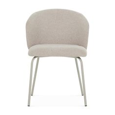 an upholstered chair with metal legs and a light gray fabric seat, viewed from the front