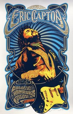 the poster for eric captors'concert is shown in blue and gold colors, with an image of jesus holding a yellow electric guitar