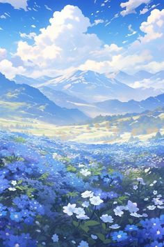 a painting of blue and white flowers with mountains in the background